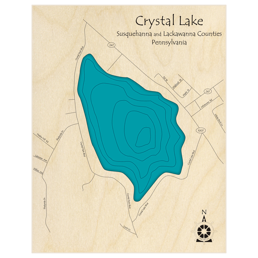 Bathymetric topo map of Crystal Lake  with roads, towns and depths noted in blue water