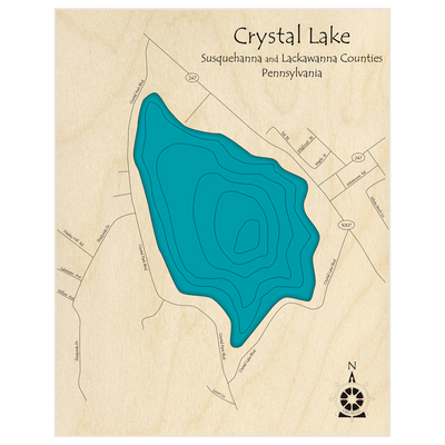 Bathymetric topo map of Crystal Lake  with roads, towns and depths noted in blue water