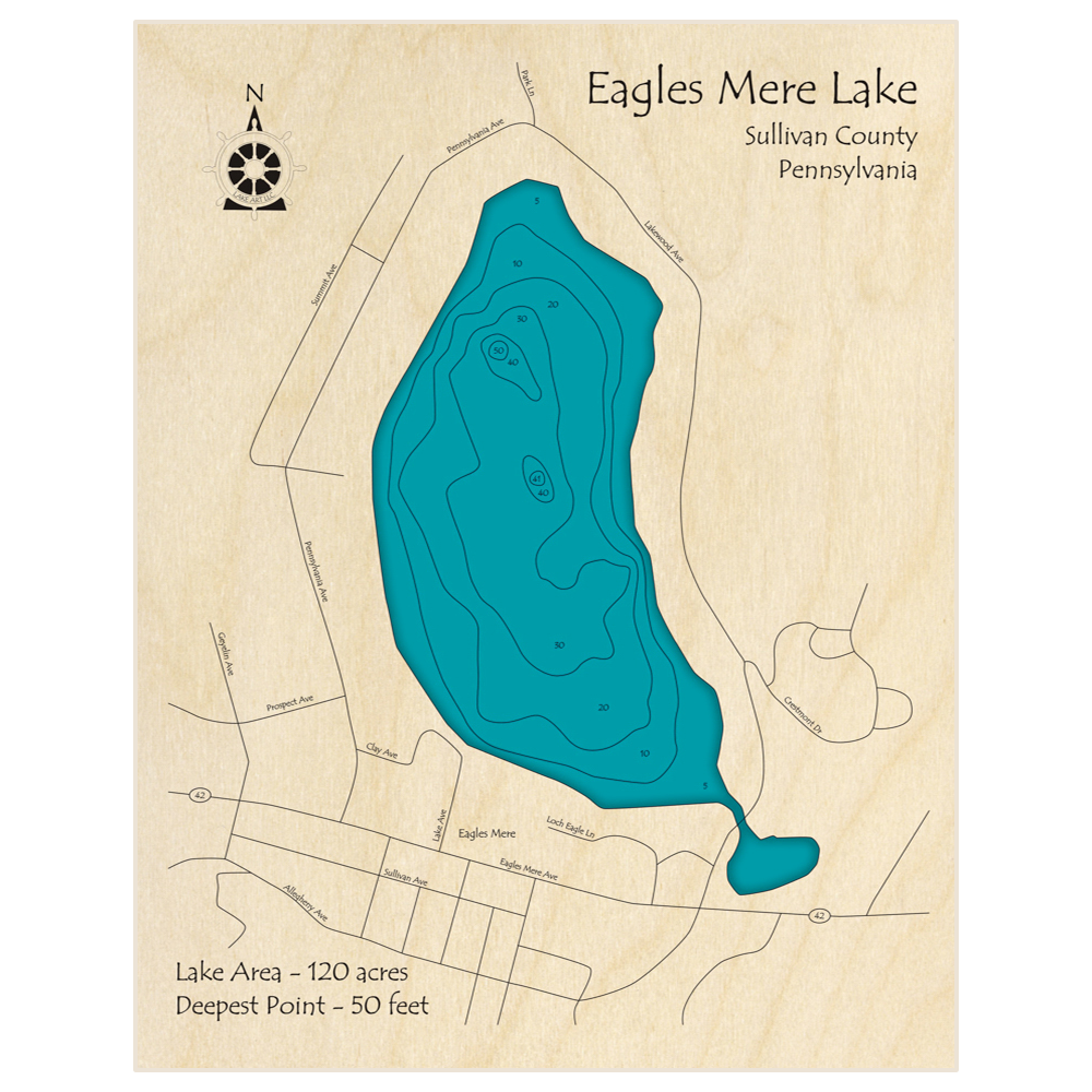 Bathymetric topo map of Eagles Mere Lake with roads, towns and depths noted in blue water