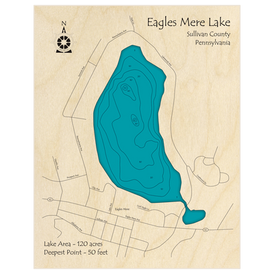 Bathymetric topo map of Eagles Mere Lake with roads, towns and depths noted in blue water