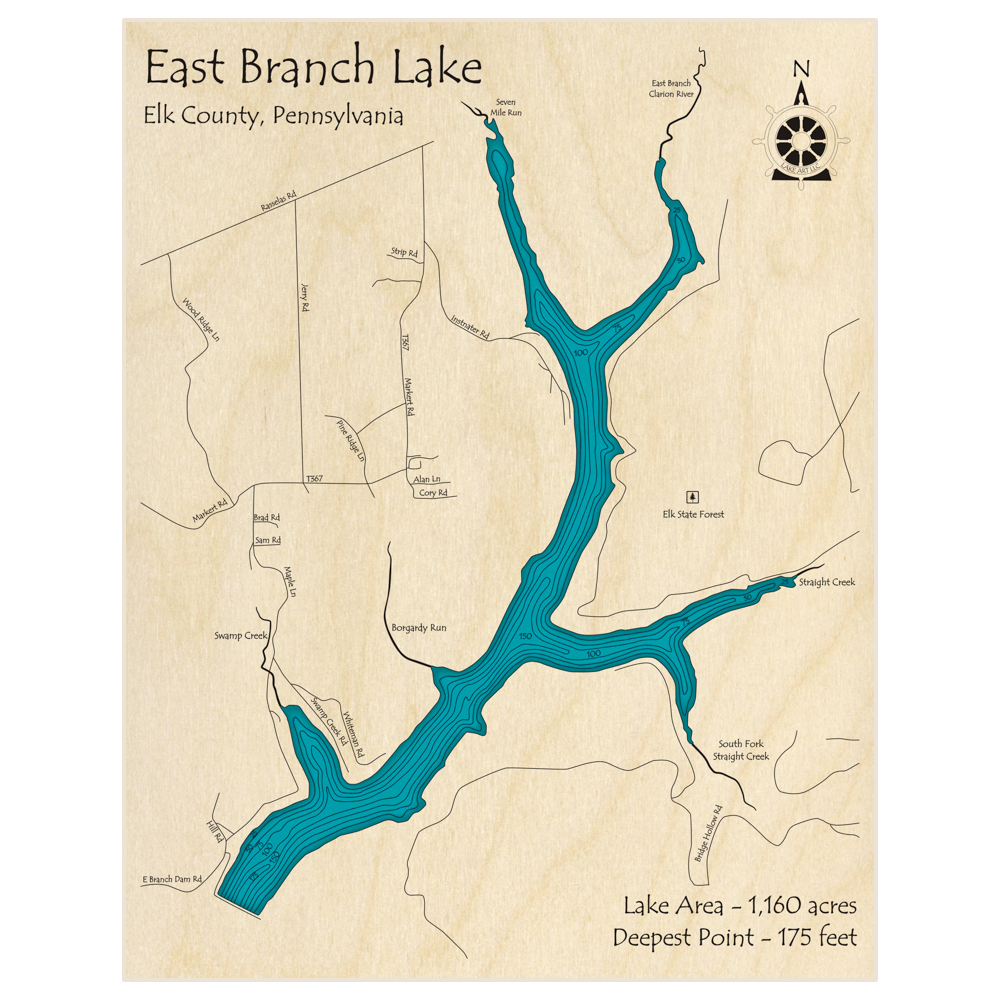 Bathymetric topo map of East Branch Lake with roads, towns and depths noted in blue water