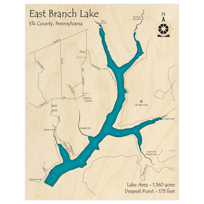 Bathymetric topo map of East Branch Lake with roads, towns and depths noted in blue water