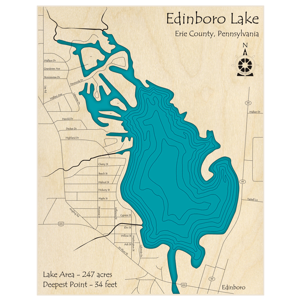 Bathymetric topo map of Edinboro Lake with roads, towns and depths noted in blue water