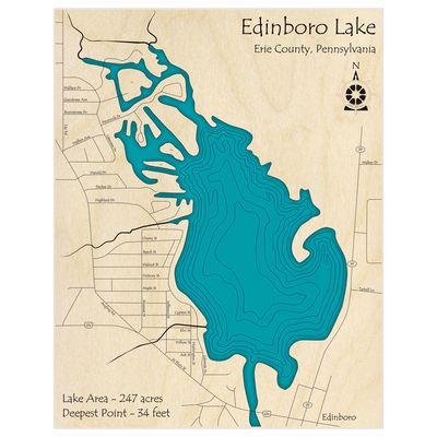 Bathymetric topo map of Edinboro Lake with roads, towns and depths noted in blue water