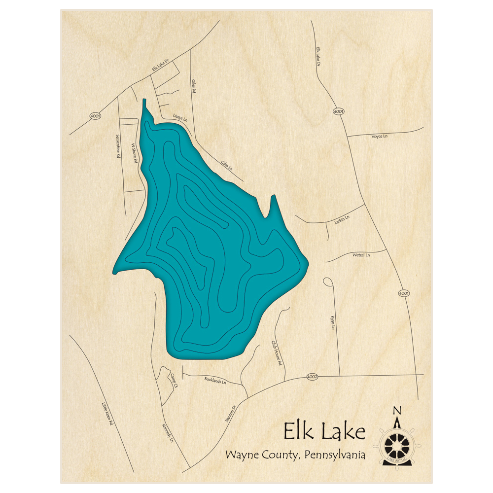 Bathymetric topo map of Elk Lake  with roads, towns and depths noted in blue water