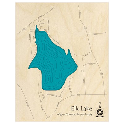 Bathymetric topo map of Elk Lake  with roads, towns and depths noted in blue water