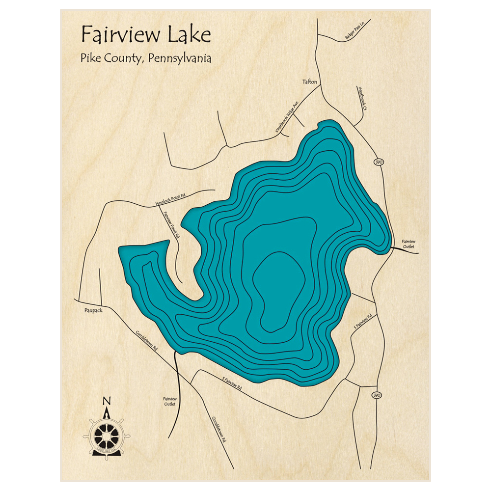 Bathymetric topo map of Lake Fairview  with roads, towns and depths noted in blue water