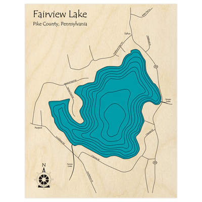 Bathymetric topo map of Lake Fairview  with roads, towns and depths noted in blue water