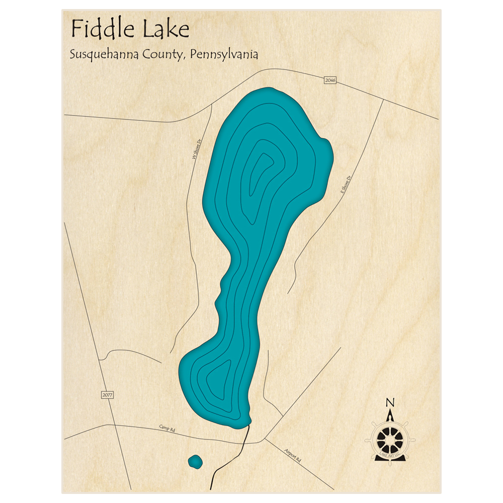 Bathymetric topo map of Fiddle Lake  with roads, towns and depths noted in blue water