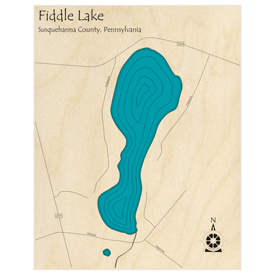 Bathymetric topo map of Fiddle Lake  with roads, towns and depths noted in blue water