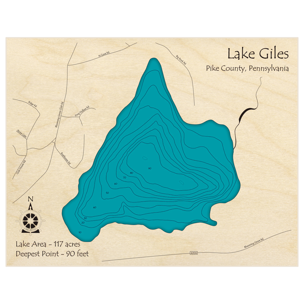 Bathymetric topo map of Lake Giles with roads, towns and depths noted in blue water