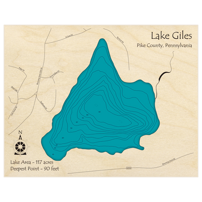 Bathymetric topo map of Lake Giles with roads, towns and depths noted in blue water