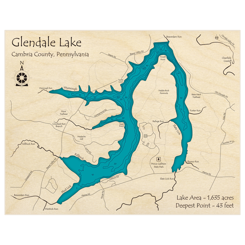 Bathymetric topo map of Glendale Lake with roads, towns and depths noted in blue water