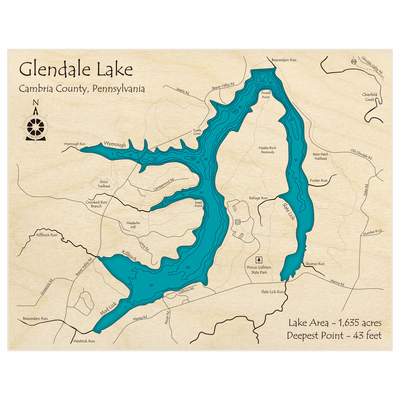 Bathymetric topo map of Glendale Lake with roads, towns and depths noted in blue water