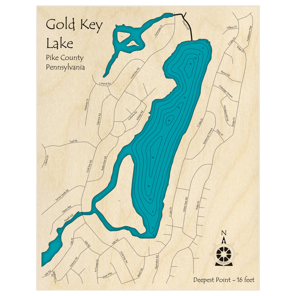 Bathymetric topo map of Gold Key Lake with roads, towns and depths noted in blue water