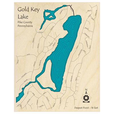 Bathymetric topo map of Gold Key Lake with roads, towns and depths noted in blue water