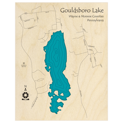 Bathymetric topo map of Gouldsboro Lake  with roads, towns and depths noted in blue water