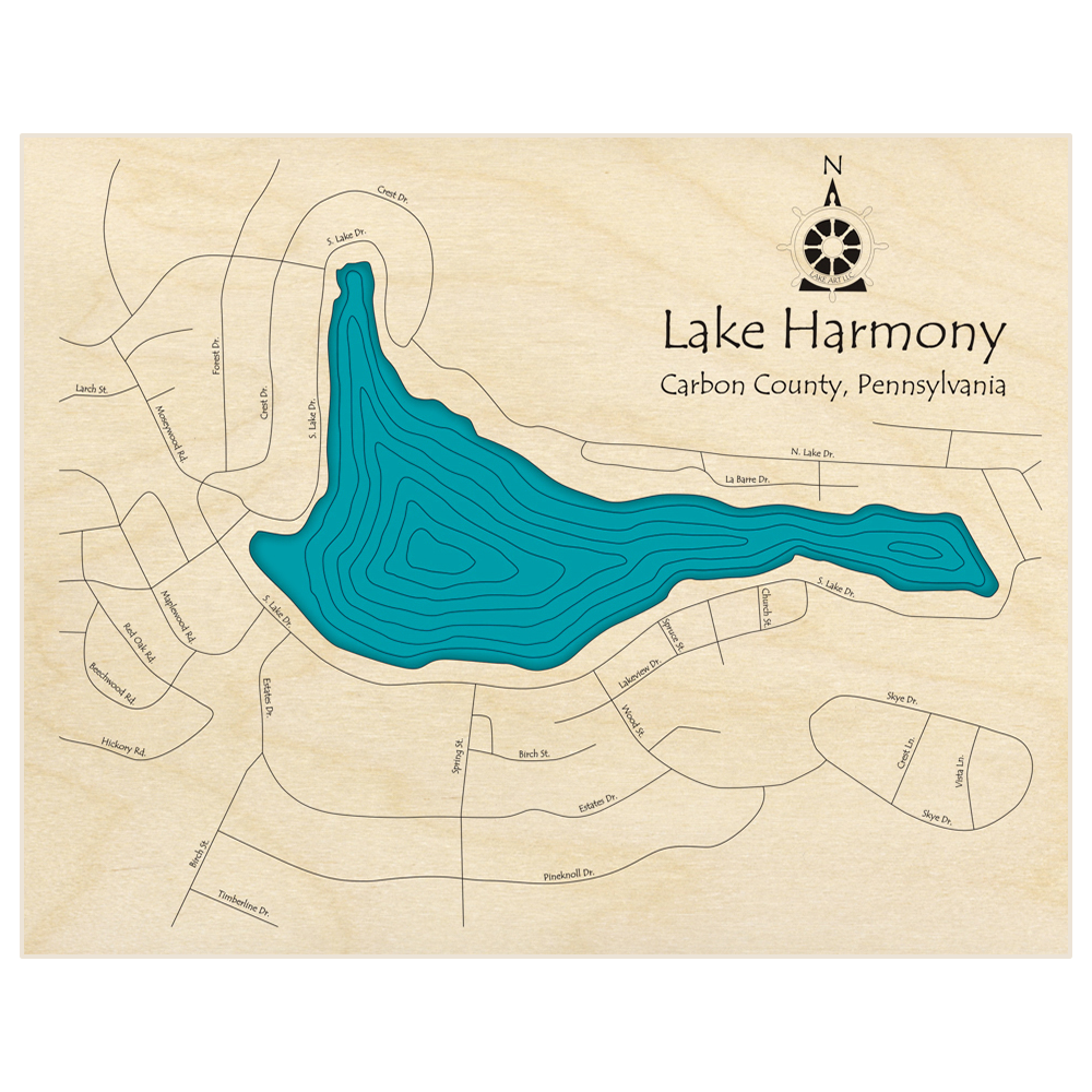 Bathymetric topo map of Harmony Lake  with roads, towns and depths noted in blue water