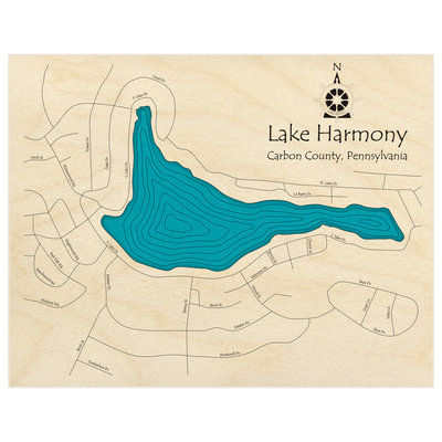 Bathymetric topo map of Harmony Lake  with roads, towns and depths noted in blue water