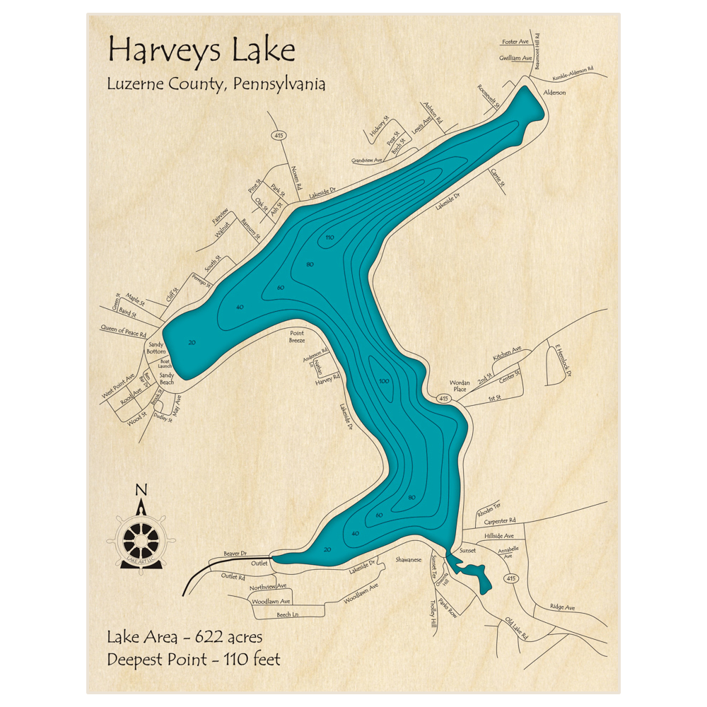 Bathymetric topo map of Harveys Lake with roads, towns and depths noted in blue water