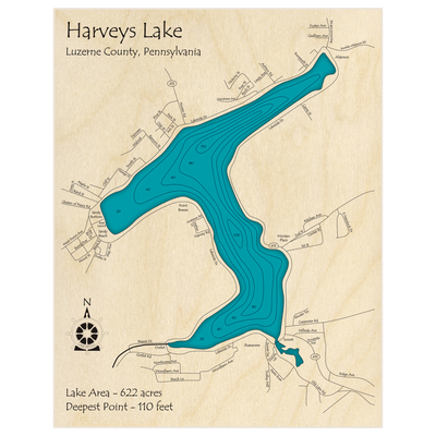 Bathymetric topo map of Harveys Lake with roads, towns and depths noted in blue water