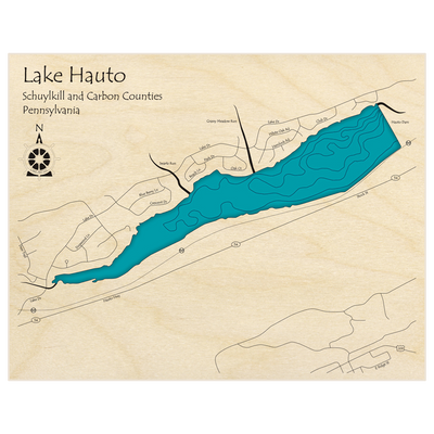 Bathymetric topo map of Lake Hauto  with roads, towns and depths noted in blue water