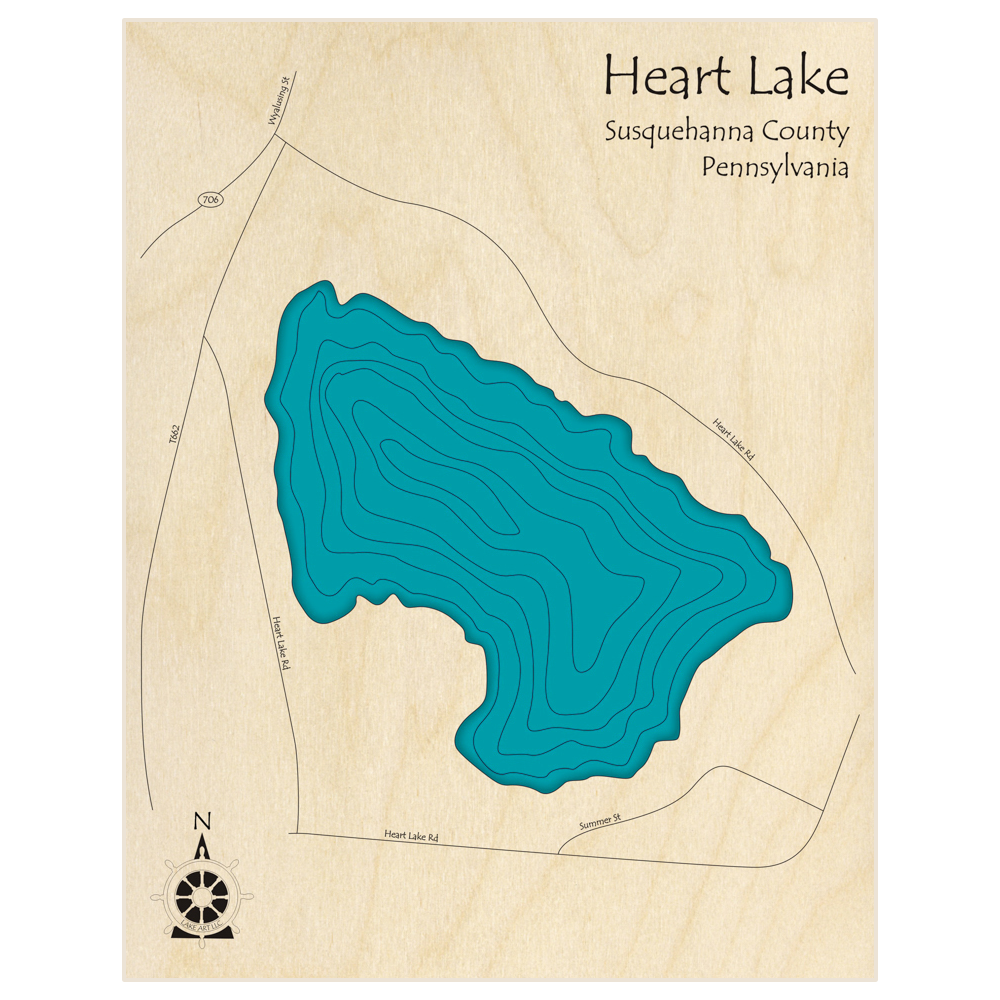 Bathymetric topo map of Heart Lake  with roads, towns and depths noted in blue water