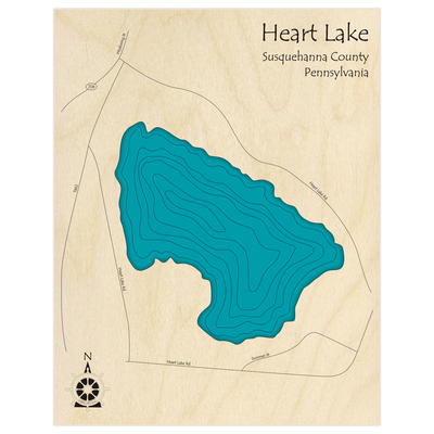 Bathymetric topo map of Heart Lake  with roads, towns and depths noted in blue water