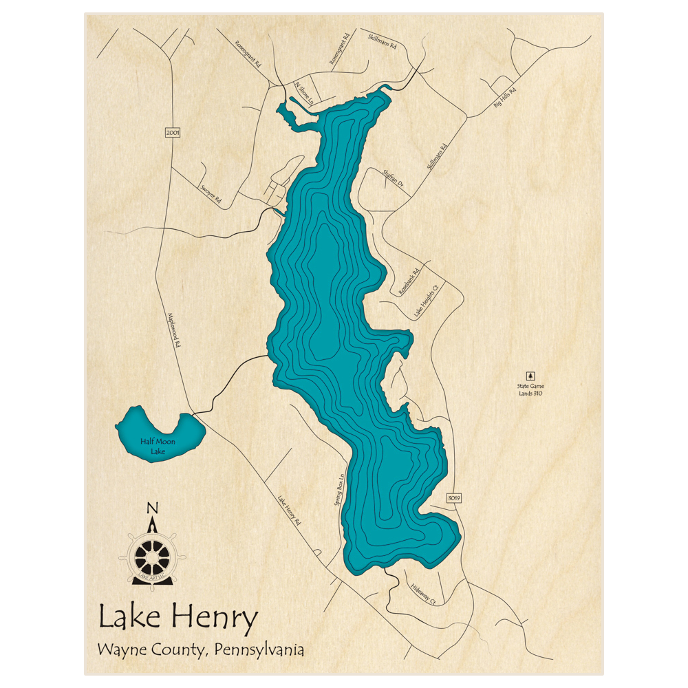 Bathymetric topo map of Lake Henry  with roads, towns and depths noted in blue water