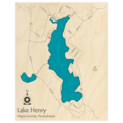 Bathymetric topo map of Lake Henry  with roads, towns and depths noted in blue water