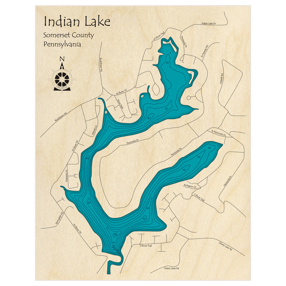 Bathymetric topo map of Indian Lake with roads, towns and depths noted in blue water