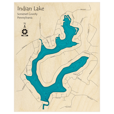 Bathymetric topo map of Indian Lake with roads, towns and depths noted in blue water