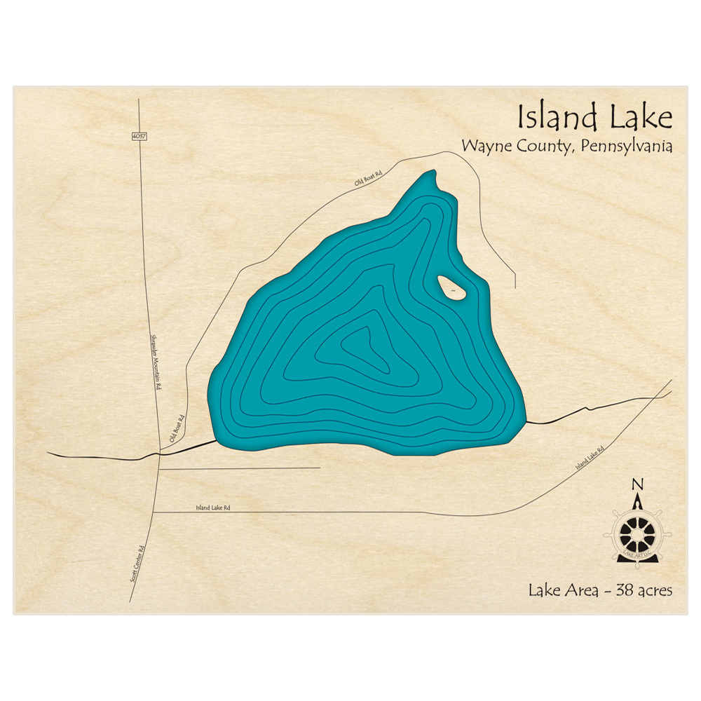 Bathymetric topo map of Island Lake  with roads, towns and depths noted in blue water