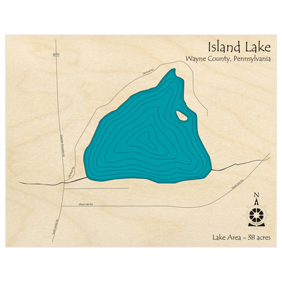 Bathymetric topo map of Island Lake  with roads, towns and depths noted in blue water