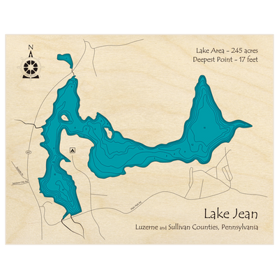 Bathymetric topo map of Lake Jean with roads, towns and depths noted in blue water