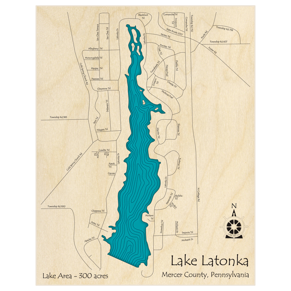 Bathymetric topo map of Lake Latonka  with roads, towns and depths noted in blue water