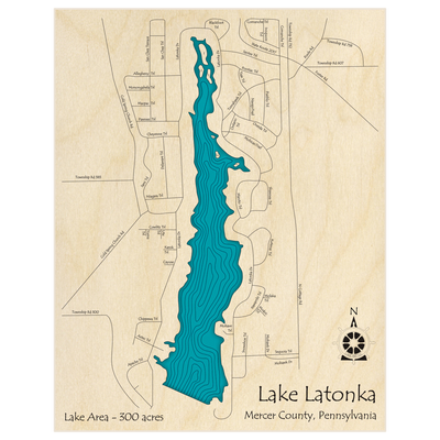 Bathymetric topo map of Lake Latonka  with roads, towns and depths noted in blue water