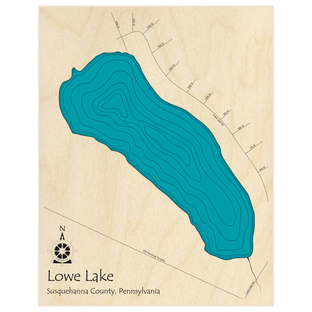 Bathymetric topo map of Lowe Lake  with roads, towns and depths noted in blue water