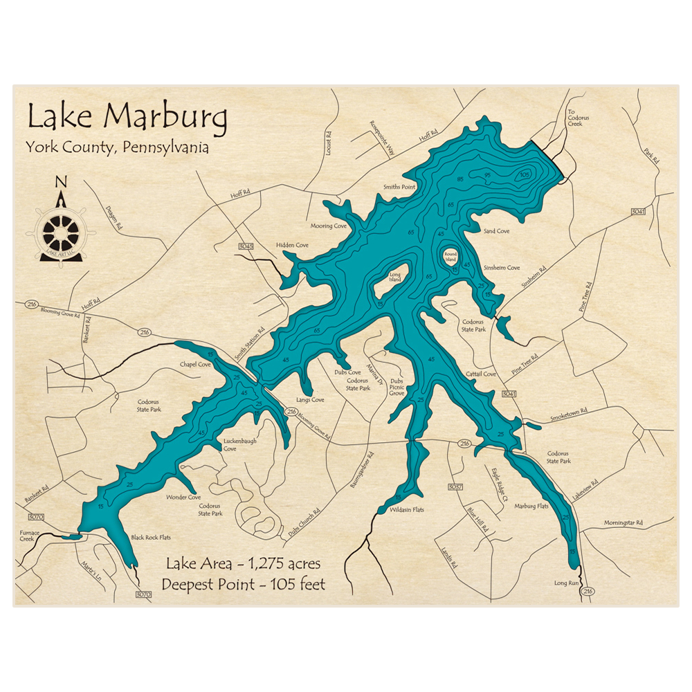 Bathymetric topo map of Lake Marburg with roads, towns and depths noted in blue water