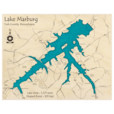 Bathymetric topo map of Lake Marburg with roads, towns and depths noted in blue water