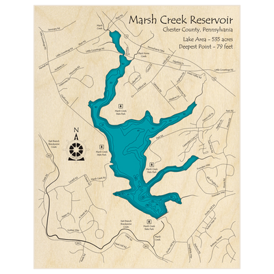 Bathymetric topo map of Marsh Creek Reservoir with roads, towns and depths noted in blue water