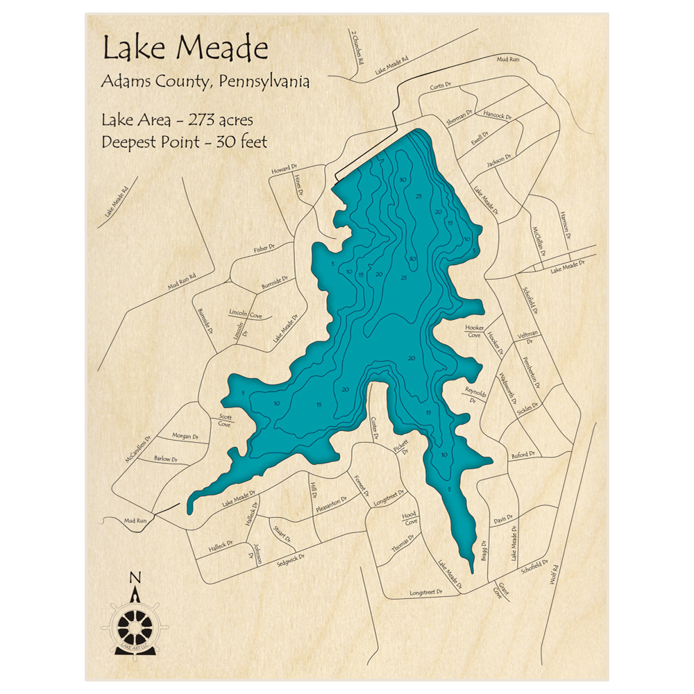 Bathymetric topo map of Lake Meade with roads, towns and depths noted in blue water