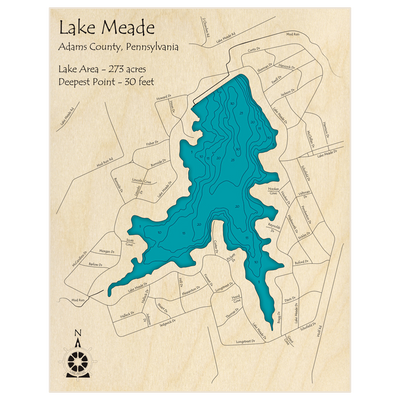 Bathymetric topo map of Lake Meade with roads, towns and depths noted in blue water