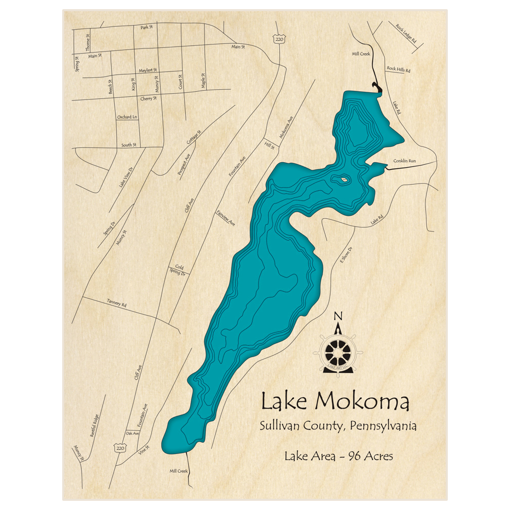 Bathymetric topo map of Lake Mokoma  with roads, towns and depths noted in blue water