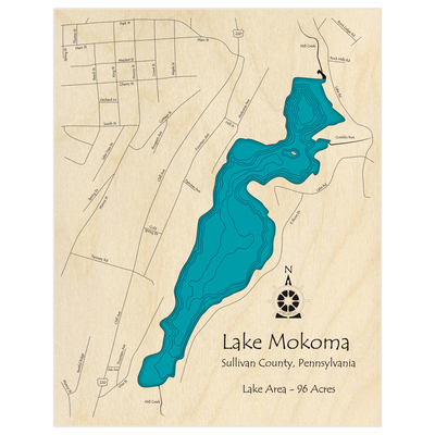 Bathymetric topo map of Lake Mokoma  with roads, towns and depths noted in blue water