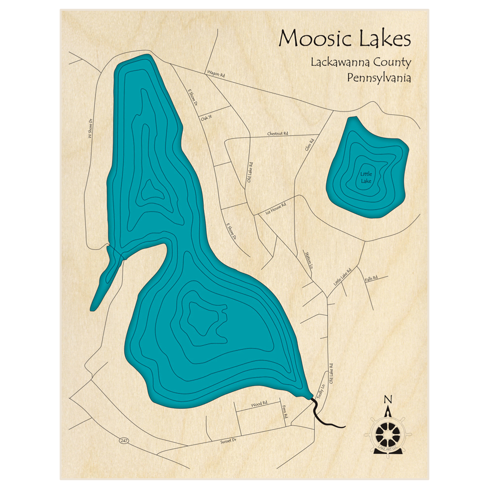 Bathymetric topo map of Moosic Lake  with roads, towns and depths noted in blue water