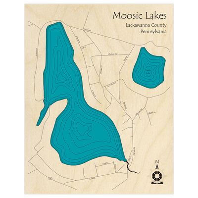 Bathymetric topo map of Moosic Lake  with roads, towns and depths noted in blue water