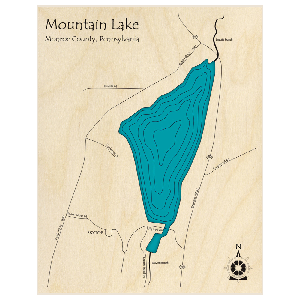 Bathymetric topo map of Mountain Lake  with roads, towns and depths noted in blue water