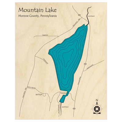 Bathymetric topo map of Mountain Lake  with roads, towns and depths noted in blue water