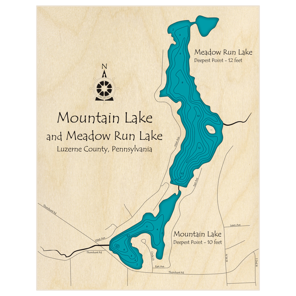 Bathymetric topo map of Mountain Lake and Meadow Run Lake with roads, towns and depths noted in blue water